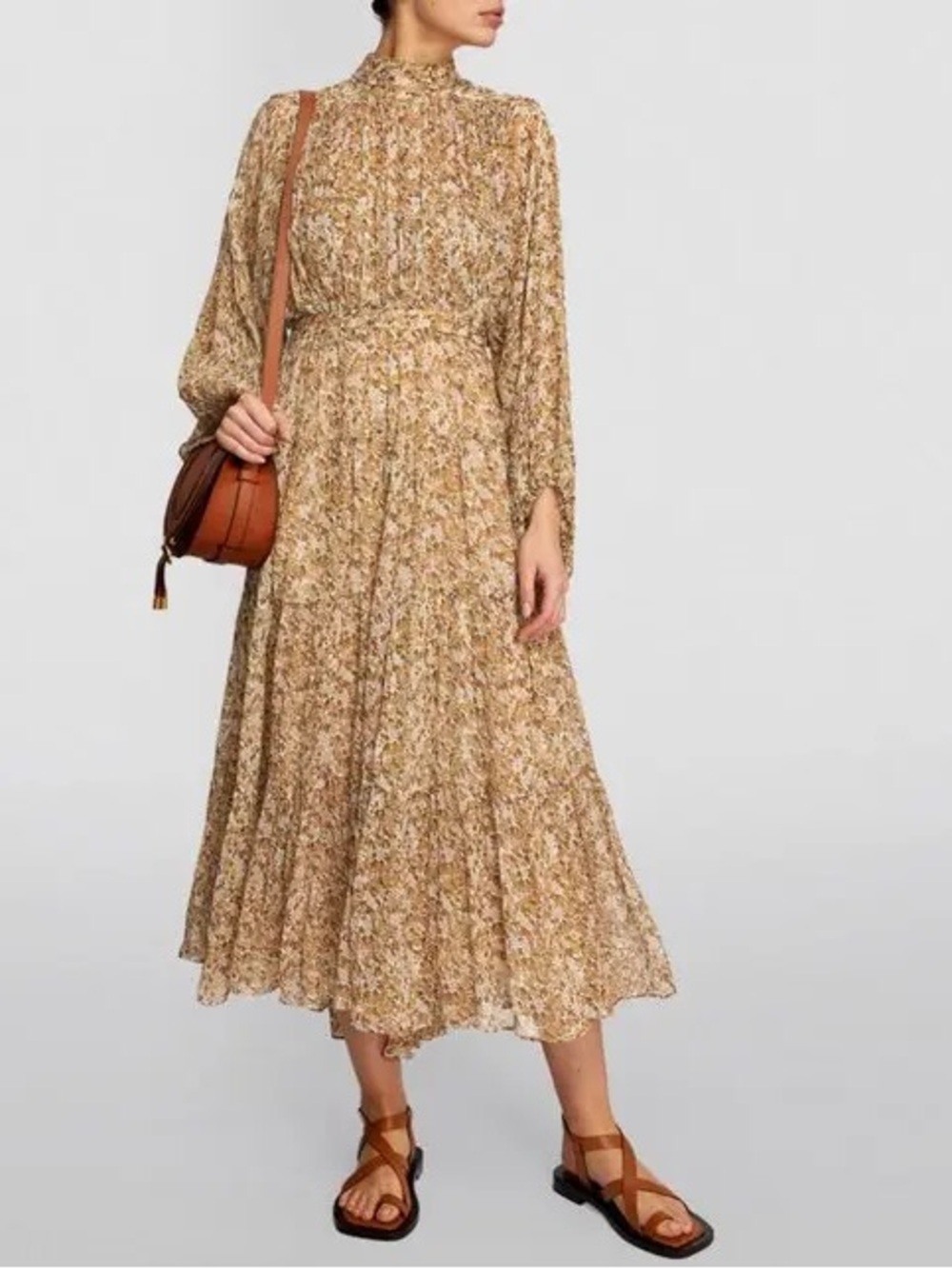 Shona Joy Floral Ambar Long Sleeve Backless Tiered Midi Dress in Cumin Size: 6